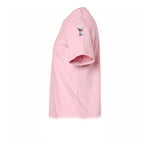 A pink short-sleeve crewneck t-shirt  featuring a small graphic of a dog on the upper left sleeve.