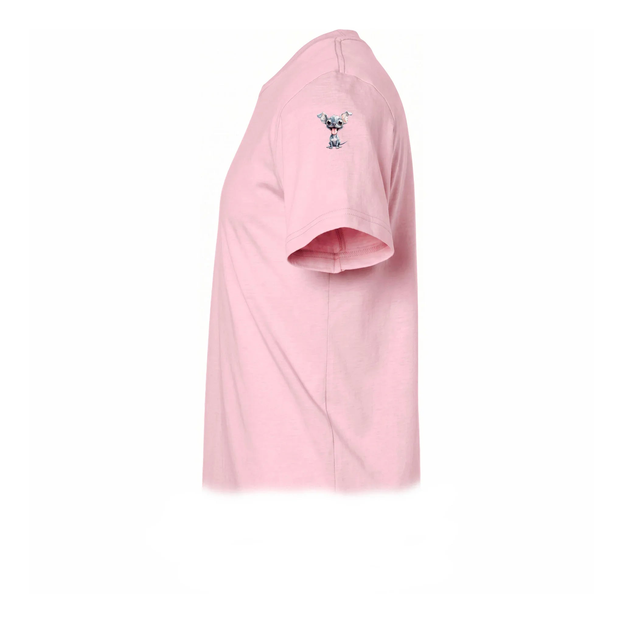 A pink short-sleeve crewneck t-shirt  featuring a small graphic of a dog on the upper left sleeve.