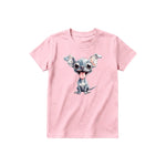 A pink short-sleeve crewneck t-shirt for youth featuring a graphic of a dog on the front.
