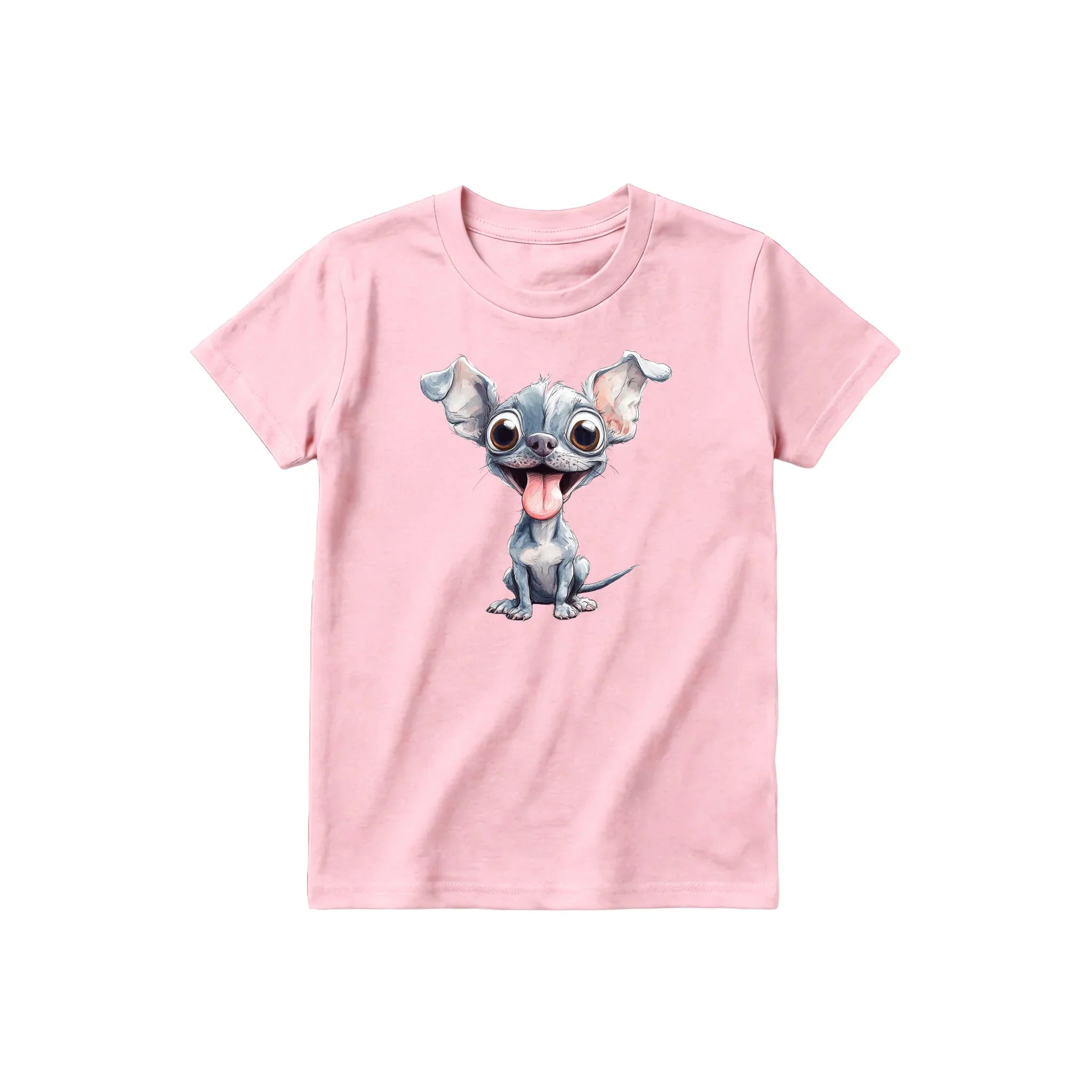 A pink short-sleeve crewneck t-shirt for youth featuring a graphic of a dog on the front.