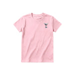 A pink short-sleeve crewneck t-shirt for youth featuring a graphic of a dog on the left chest.