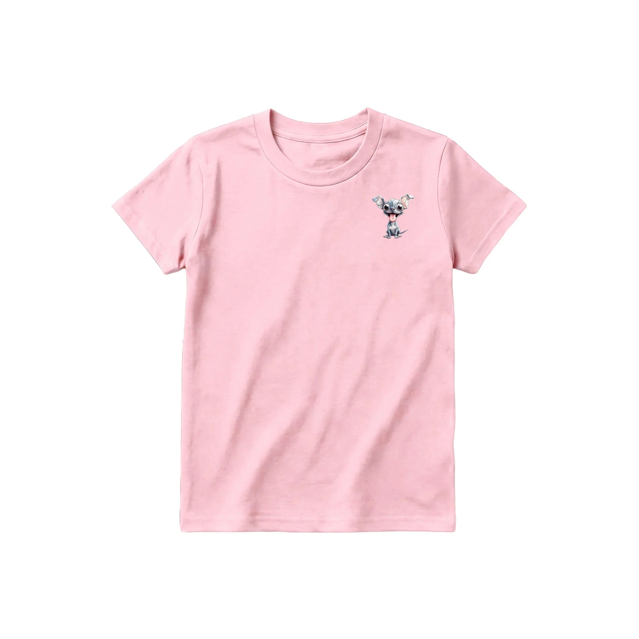 A pink short-sleeve crewneck t-shirt for youth featuring a graphic of a dog on the left chest.