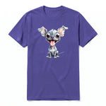 A purple short-sleeve crewneck t-shirt for adult featuring a graphic of a dog on the front.
