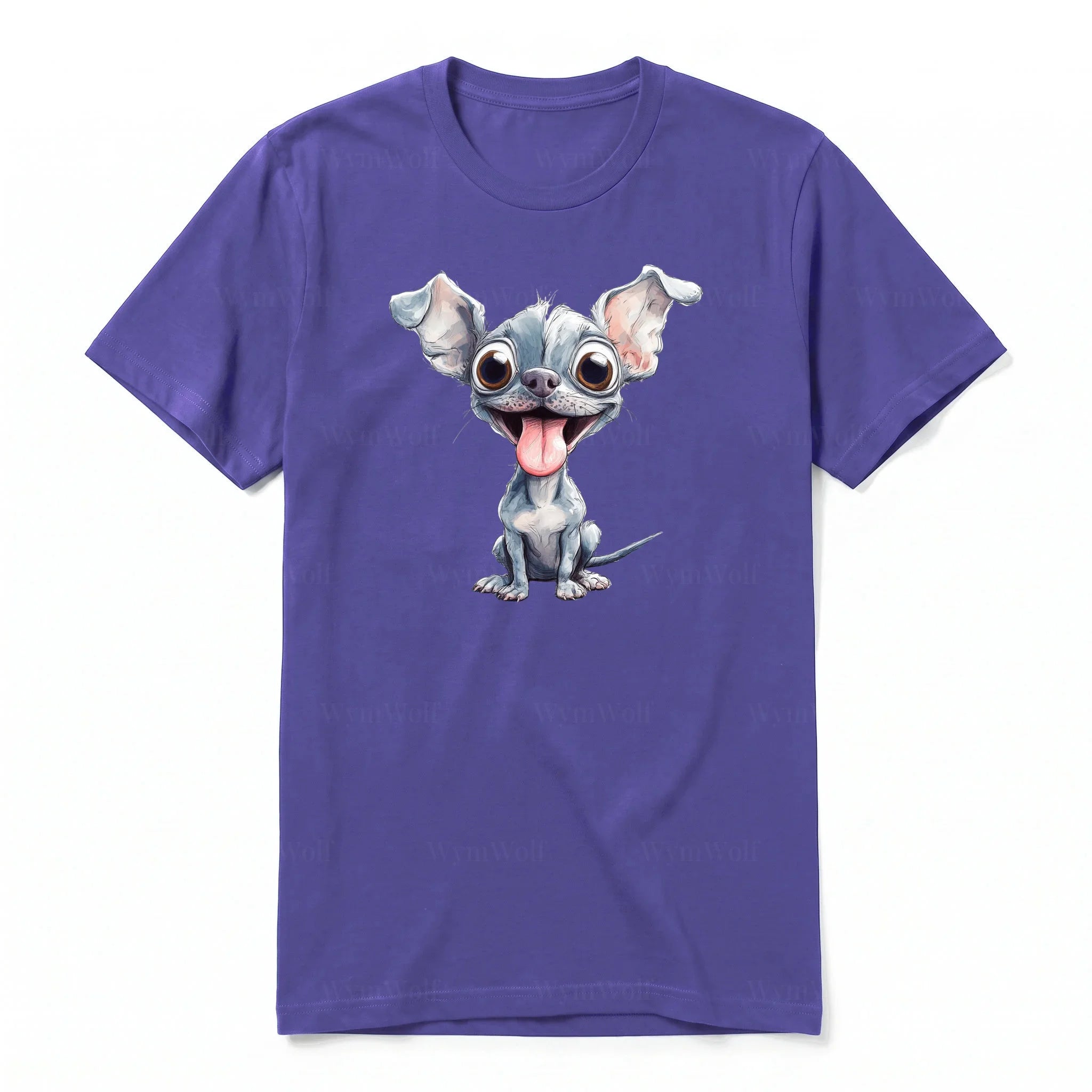 A purple short-sleeve crewneck t-shirt for adult featuring a graphic of a dog on the front.
