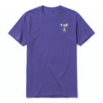 A purple short-sleeve crewneck t-shirt for adult featuring a graphic of a dog on the left chest.