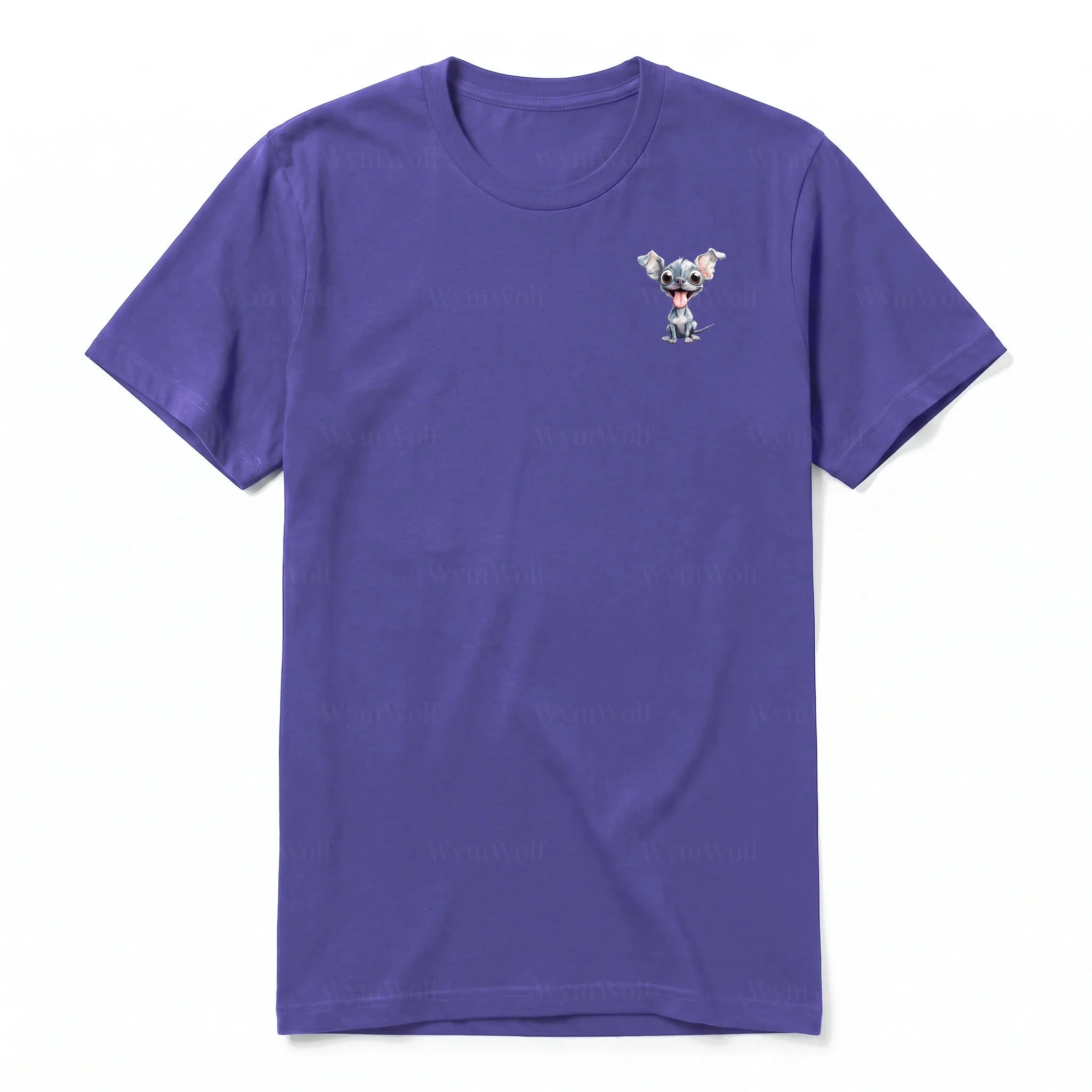 A purple short-sleeve crewneck t-shirt for adult featuring a graphic of a dog on the left chest.