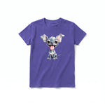A purple short-sleeve crewneck t-shirt for youth featuring a graphic of a dog on the front.