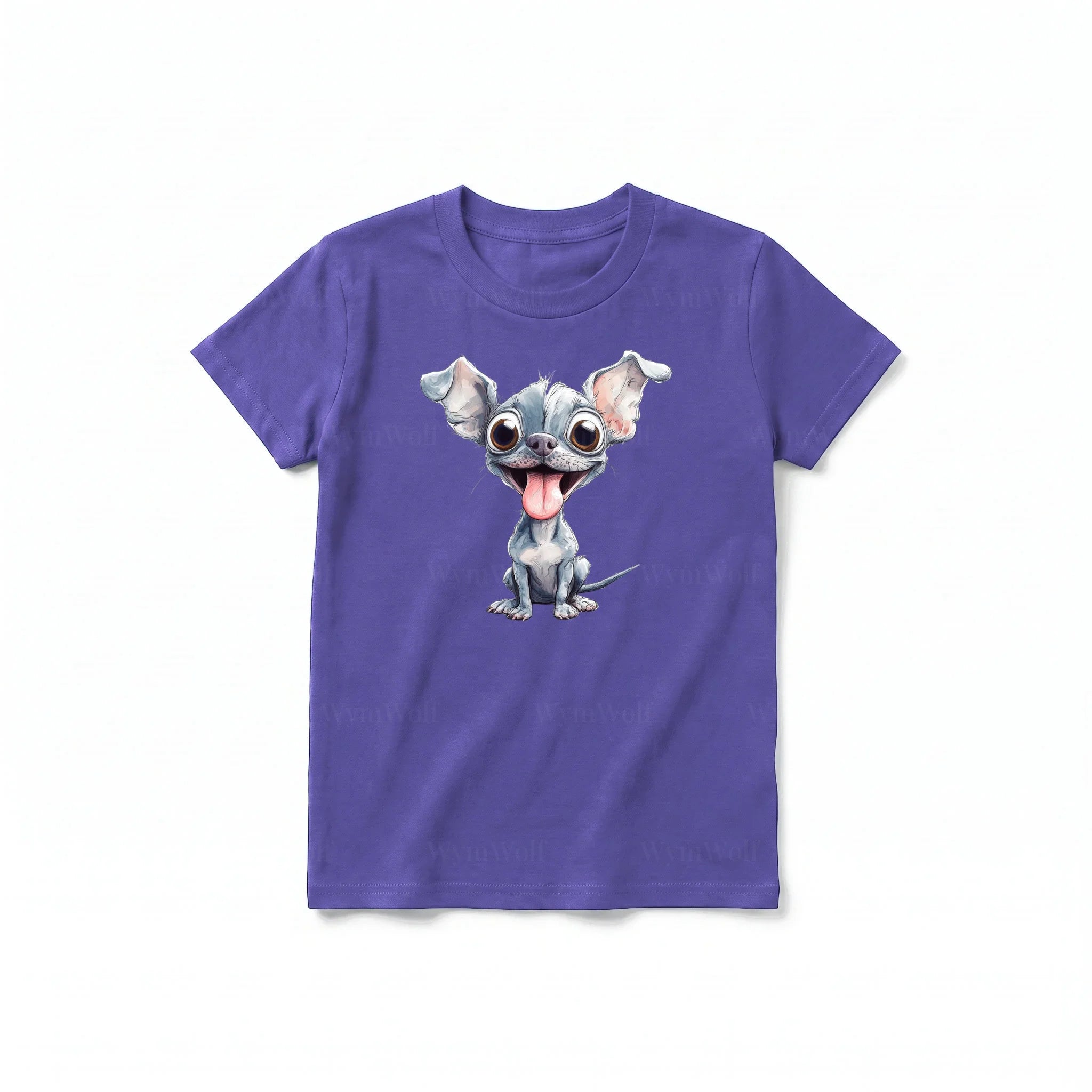 A purple short-sleeve crewneck t-shirt for youth featuring a graphic of a dog on the front.