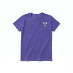 A purple short-sleeve crewneck t-shirt for youth featuring a graphic of a dog on the left chest.