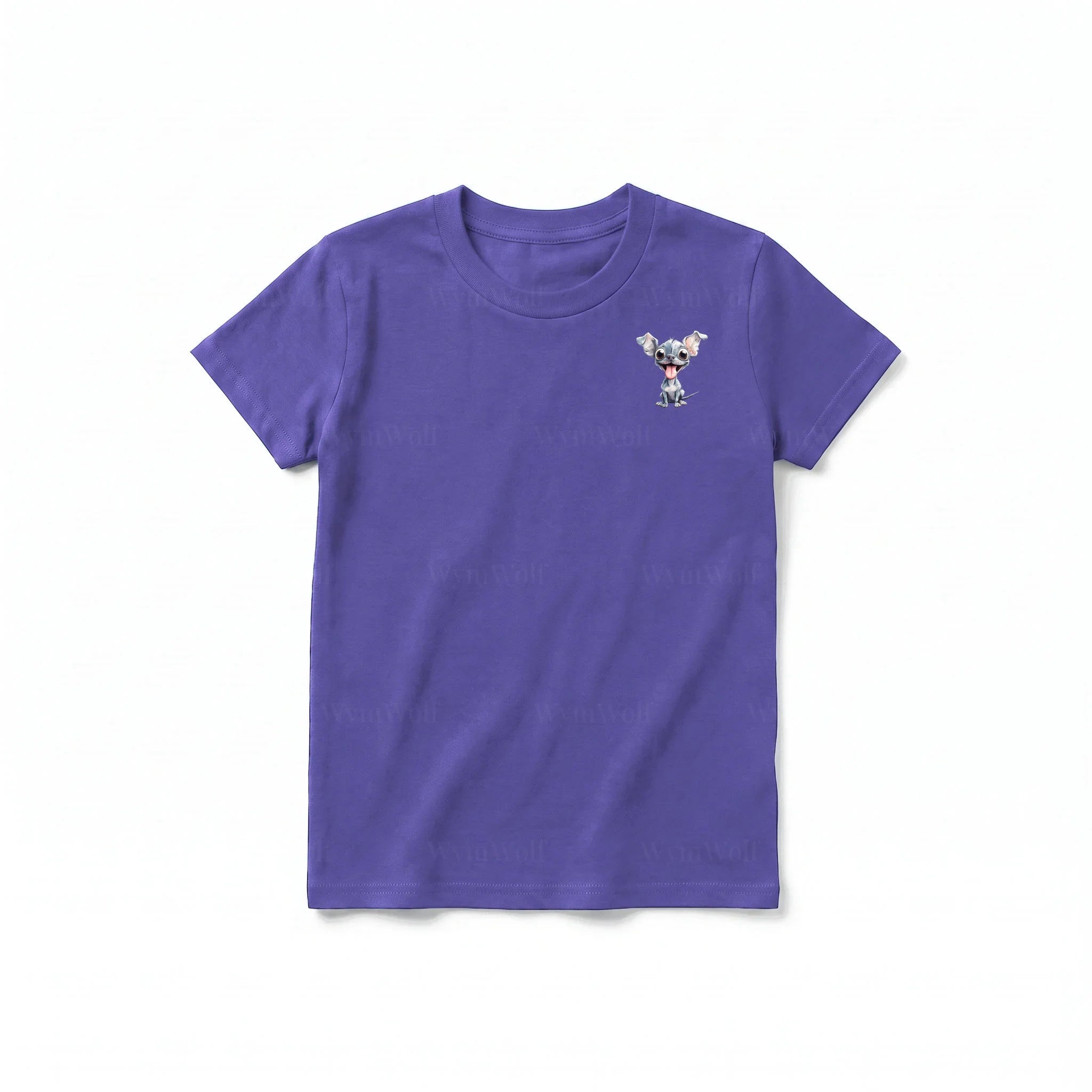 A purple short-sleeve crewneck t-shirt for youth featuring a graphic of a dog on the left chest.