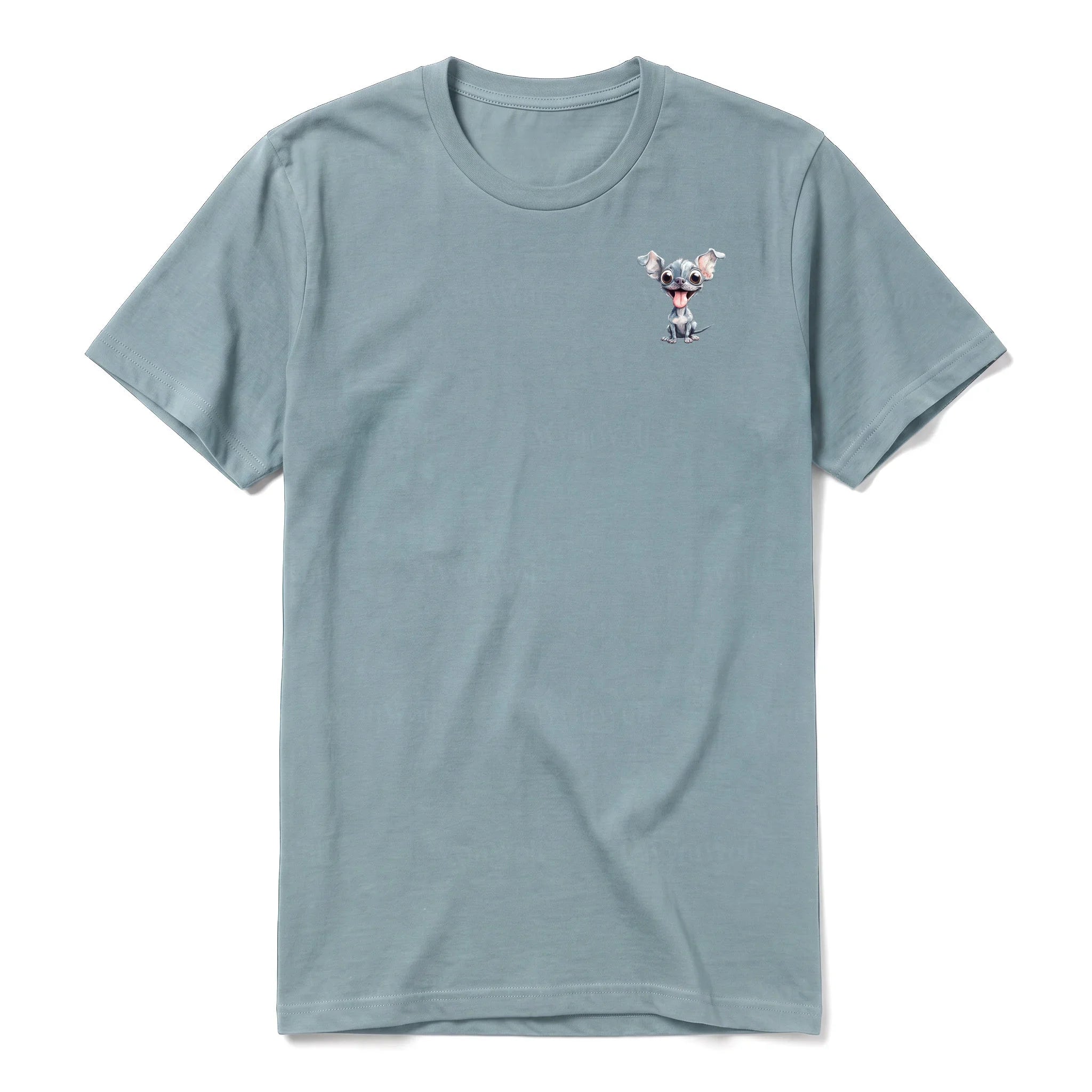 A sage short-sleeve crewneck t-shirt for adult featuring a graphic of a dog on the left chest.