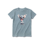 A sage short-sleeve crewneck t-shirt for youth featuring a graphic of a dog on the front.