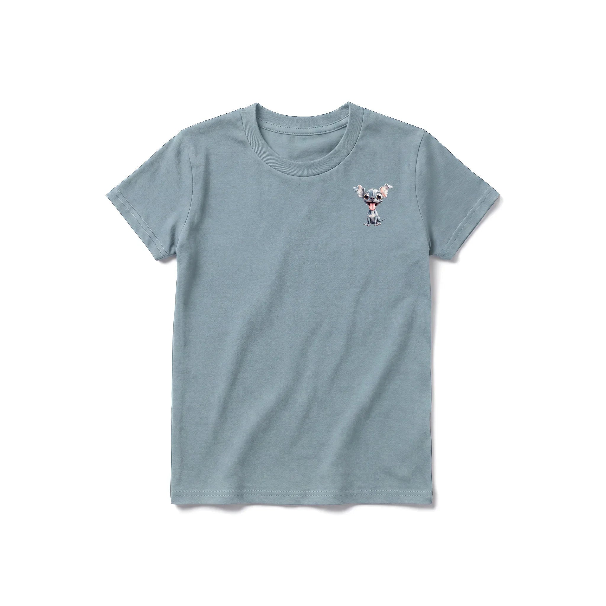 A sage short-sleeve crewneck t-shirt for youth featuring a graphic of a dog on the left chest.