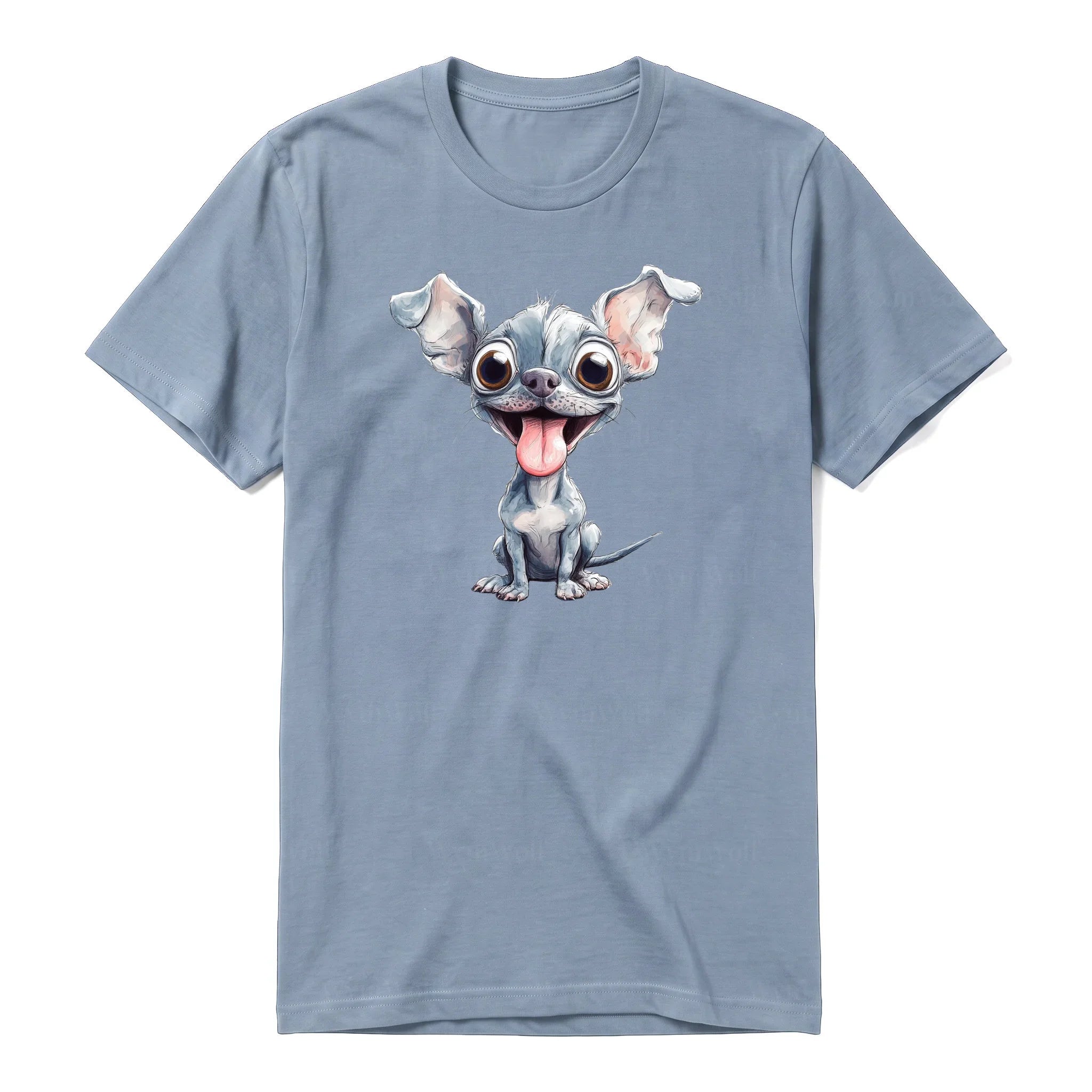 Un T-shirt steel-blue à manches courtes et col rond, orné d'un motif représentant un chien sur le devant.