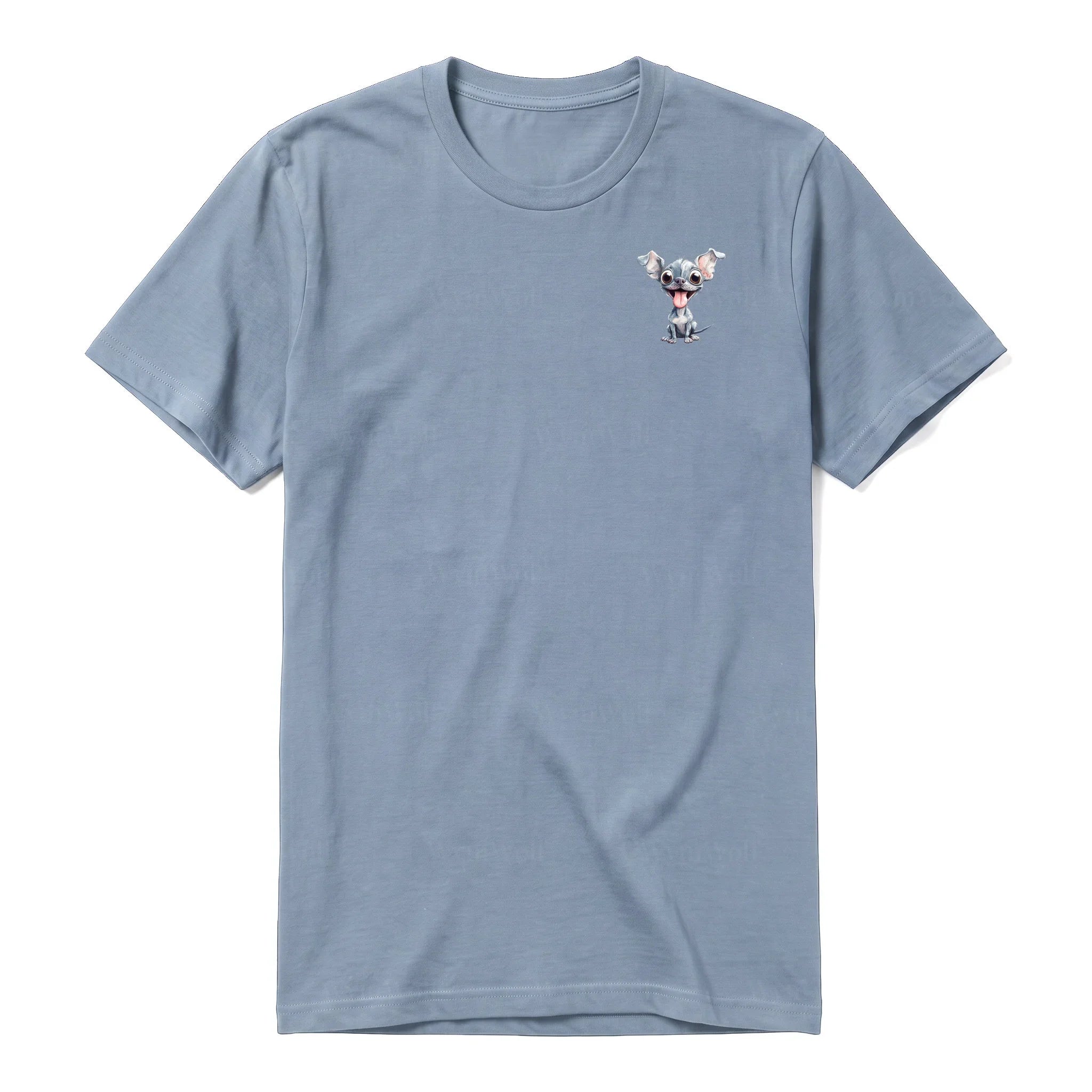 Un T-shirt steel-blue à manches courtes et col rond, orné d'un motif représentant un chien sur la poitrine gauche.