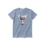 Un T-shirt steel-blue à manches courtes et col rond pour jeune, orné d'un motif représentant un chien sur le devant.