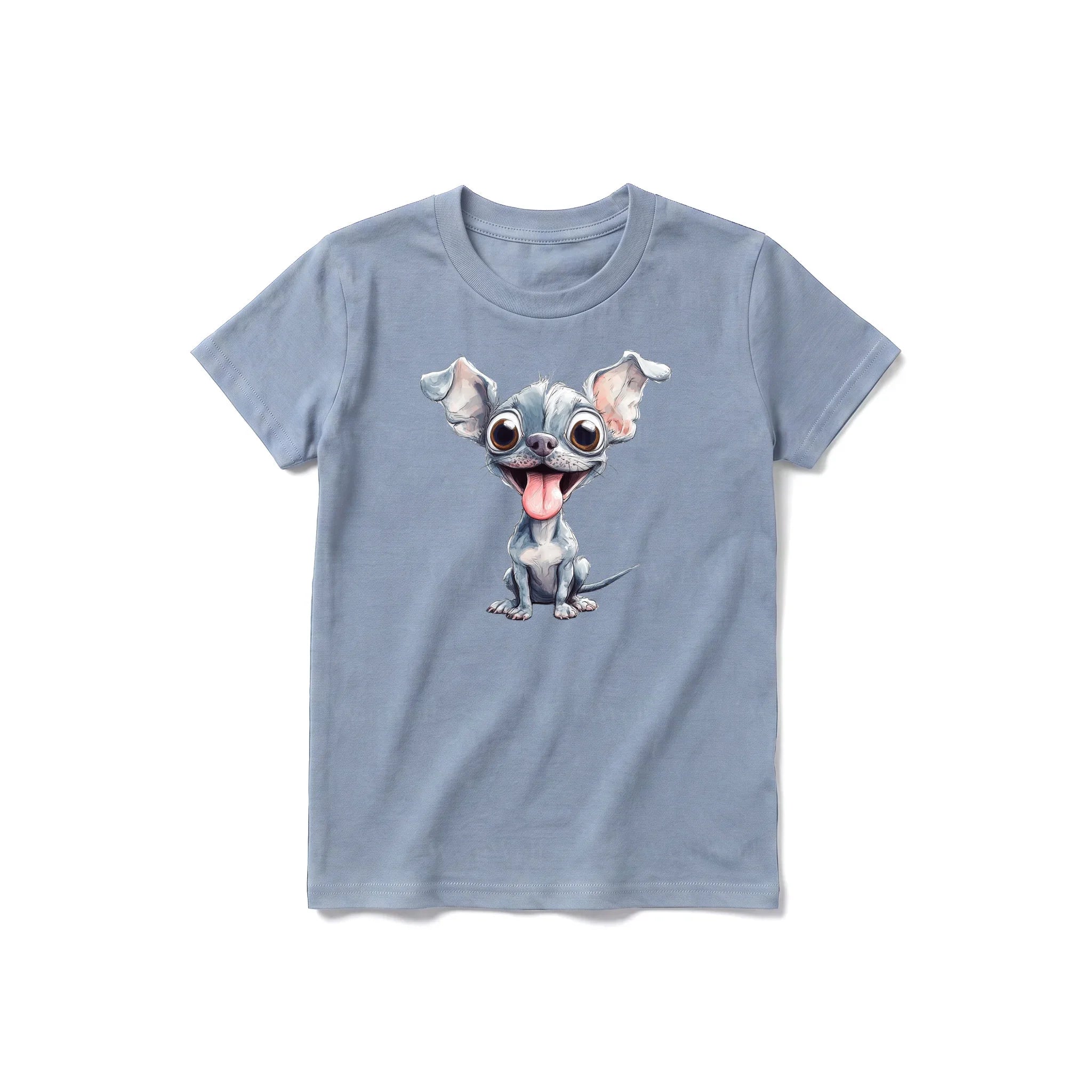 Un T-shirt steel-blue à manches courtes et col rond pour jeune, orné d'un motif représentant un chien sur le devant.