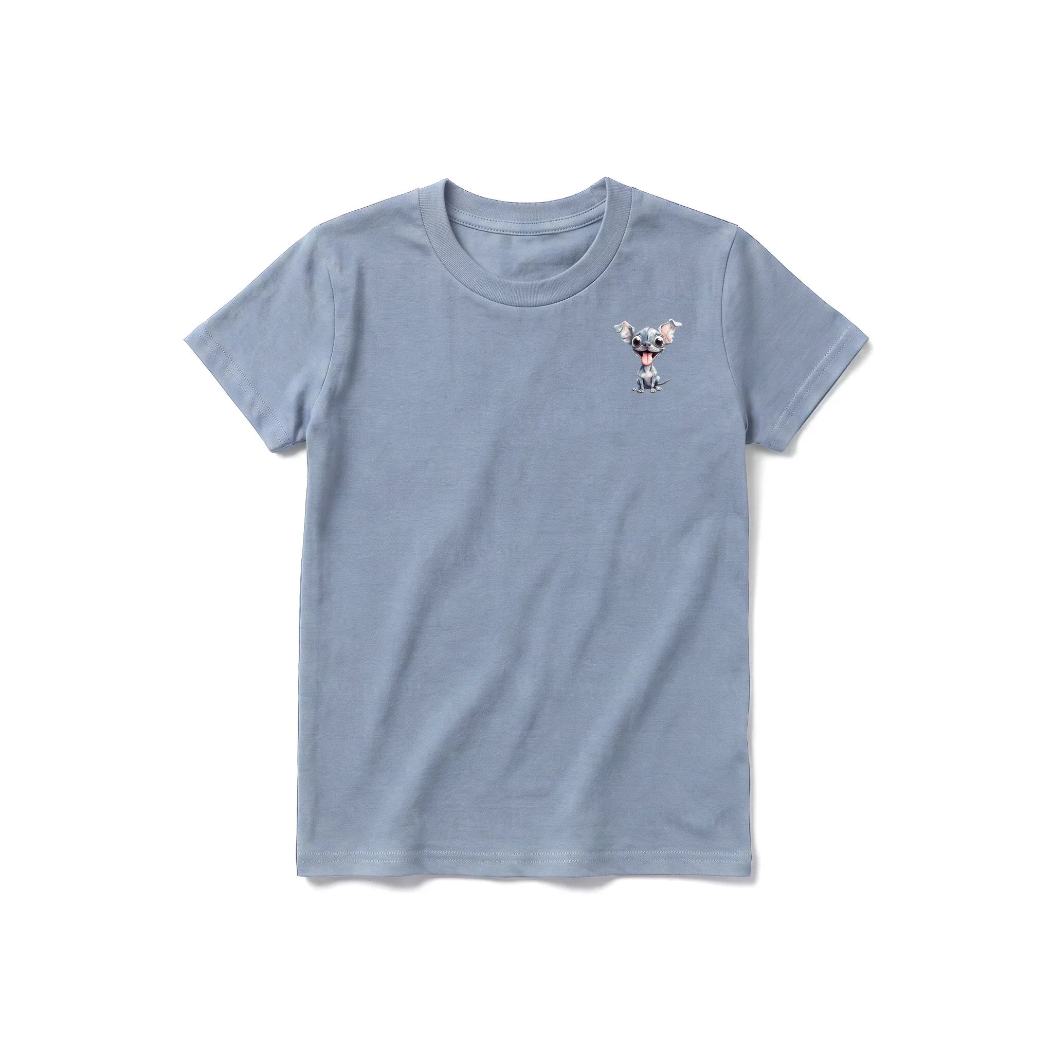 Un T-shirt steel-blue à manches courtes et col rond pour jeune, orné d'un motif représentant un chien sur la poitrine gauche.