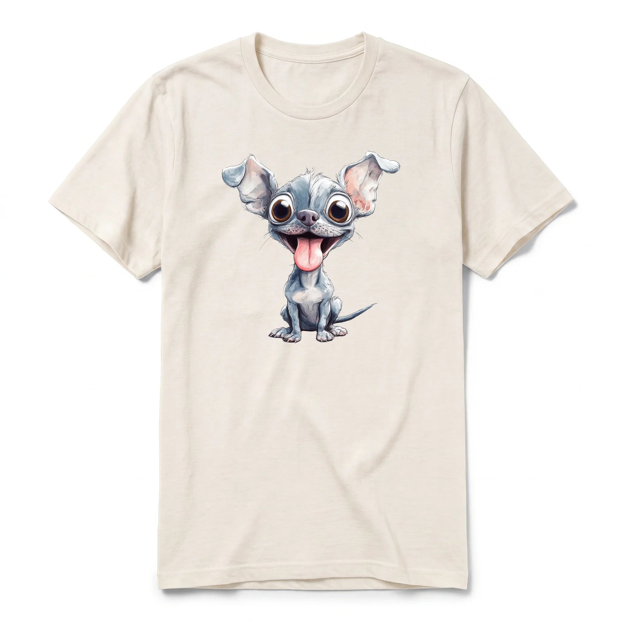 Un T-shirt blanc vintage à manches courtes et col rond, orné d'un motif représentant un chien sur le devant.