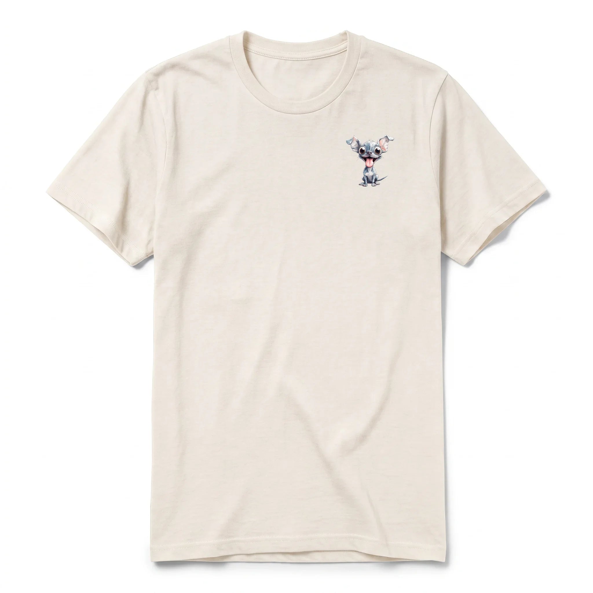 Un T-shirt blanc vintage à manches courtes et col rond, orné d'un motif représentant un chien sur la poitrine gauche.