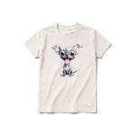 Un T-shirt blanc vintage à manches courtes et col rond pour jeune, orné d'un motif représentant un chien sur le devant.