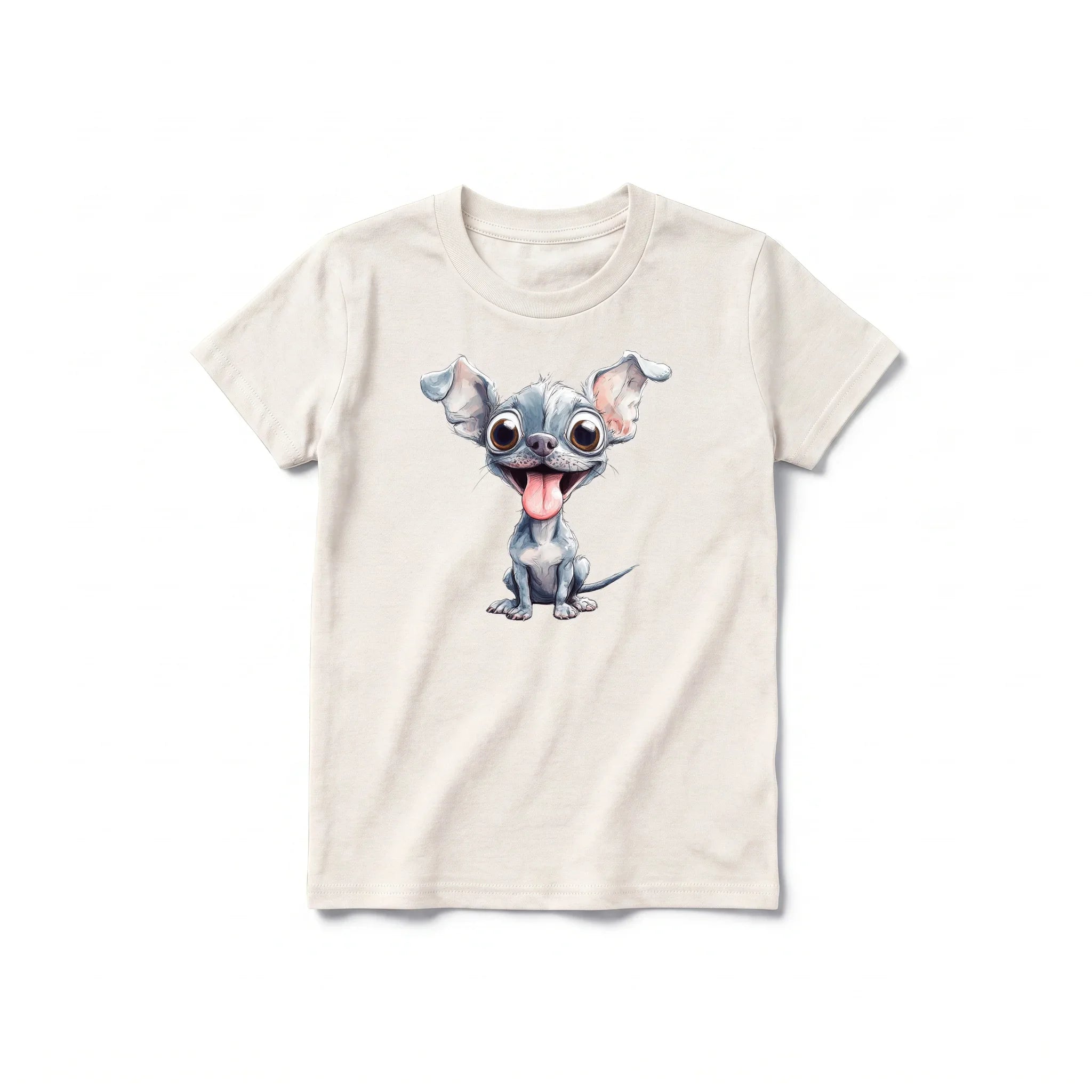 Un T-shirt blanc vintage à manches courtes et col rond pour jeune, orné d'un motif représentant un chien sur le devant.