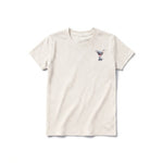 Un T-shirt blanc vintage à manches courtes et col rond pour jeune, orné d'un motif représentant un chien sur la poitrine gauche.