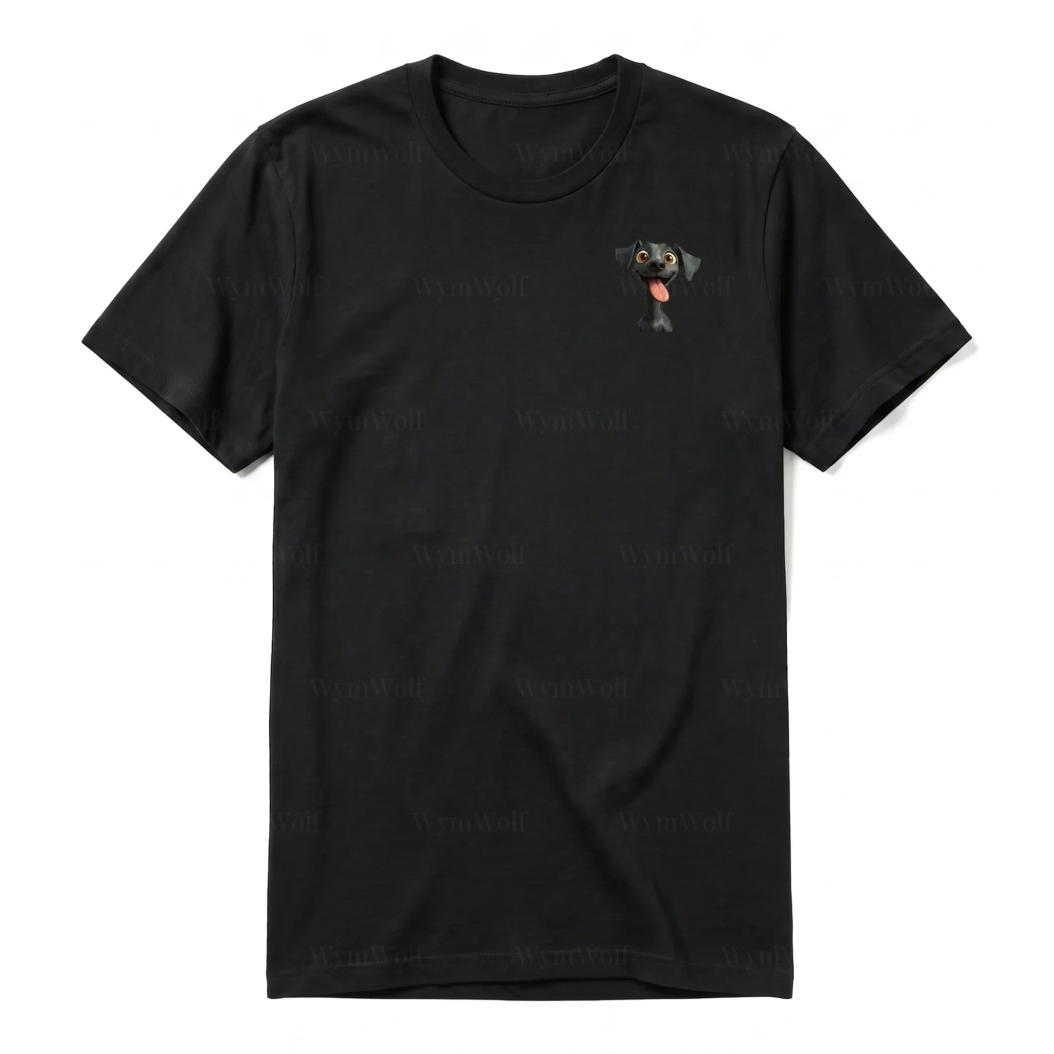 A black short-sleeve crewneck t-shirt for adult featuring a graphic of a dog on the left chest.