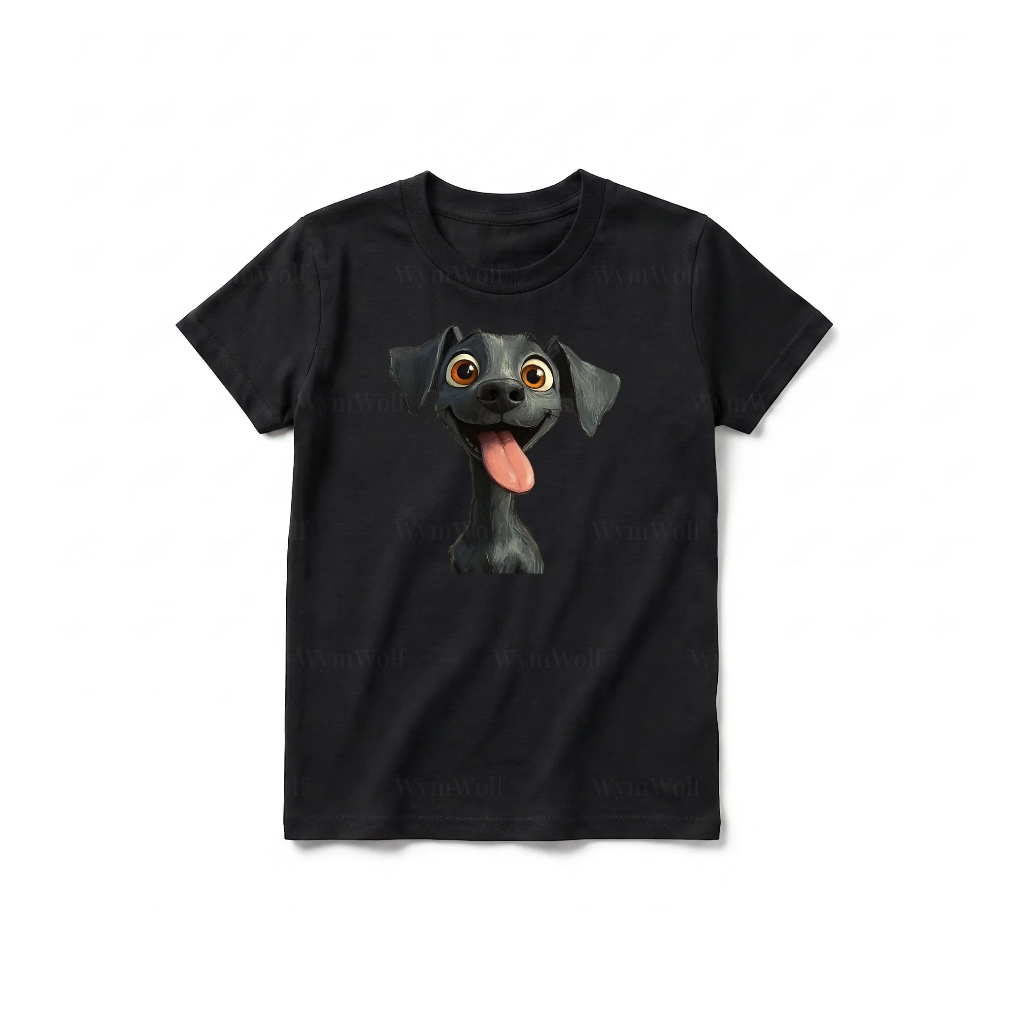 A black short-sleeve crewneck t-shirt for youth featuring a graphic of a dog on the front.