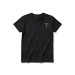 A black short-sleeve crewneck t-shirt for youth featuring a graphic of a dog on the left chest.