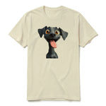 A latte short-sleeve crewneck t-shirt for adult featuring a graphic of a dog on the front.