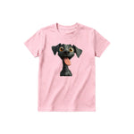A pink short-sleeve crewneck t-shirt for youth featuring a graphic of a dog on the front.