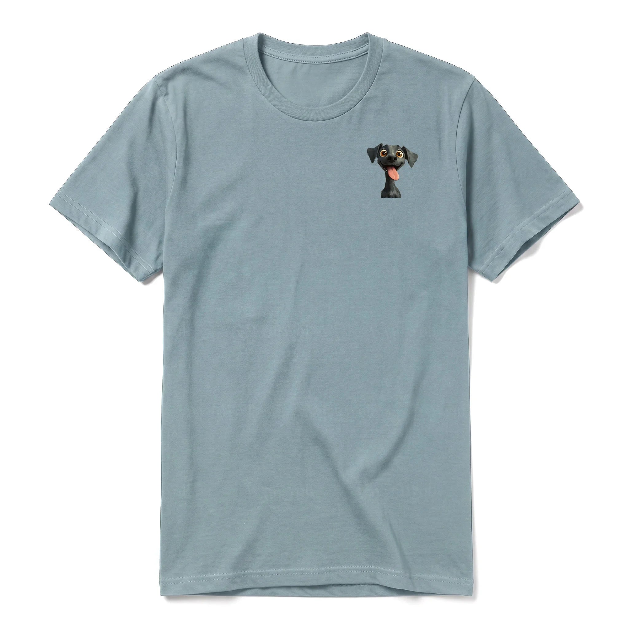 A sage short-sleeve crewneck t-shirt for adult featuring a graphic of a dog on the left chest.