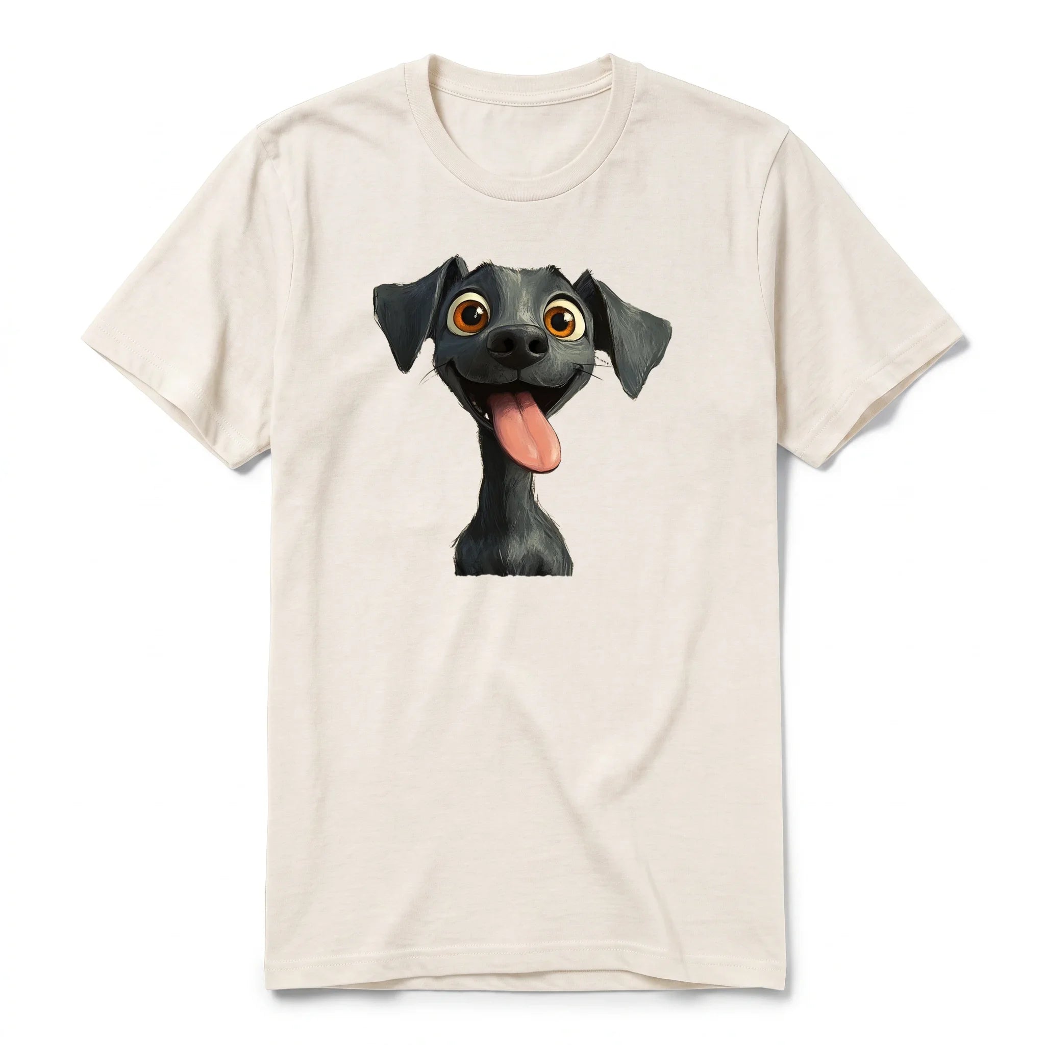 A vintage-white short-sleeve crewneck t-shirt for adult featuring a graphic of a dog on the front.