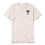 A vintage-white short-sleeve crewneck t-shirt for adult featuring a graphic of a dog on the left chest.