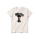 A vintage-white short-sleeve crewneck t-shirt for youth featuring a graphic of a dog on the front.