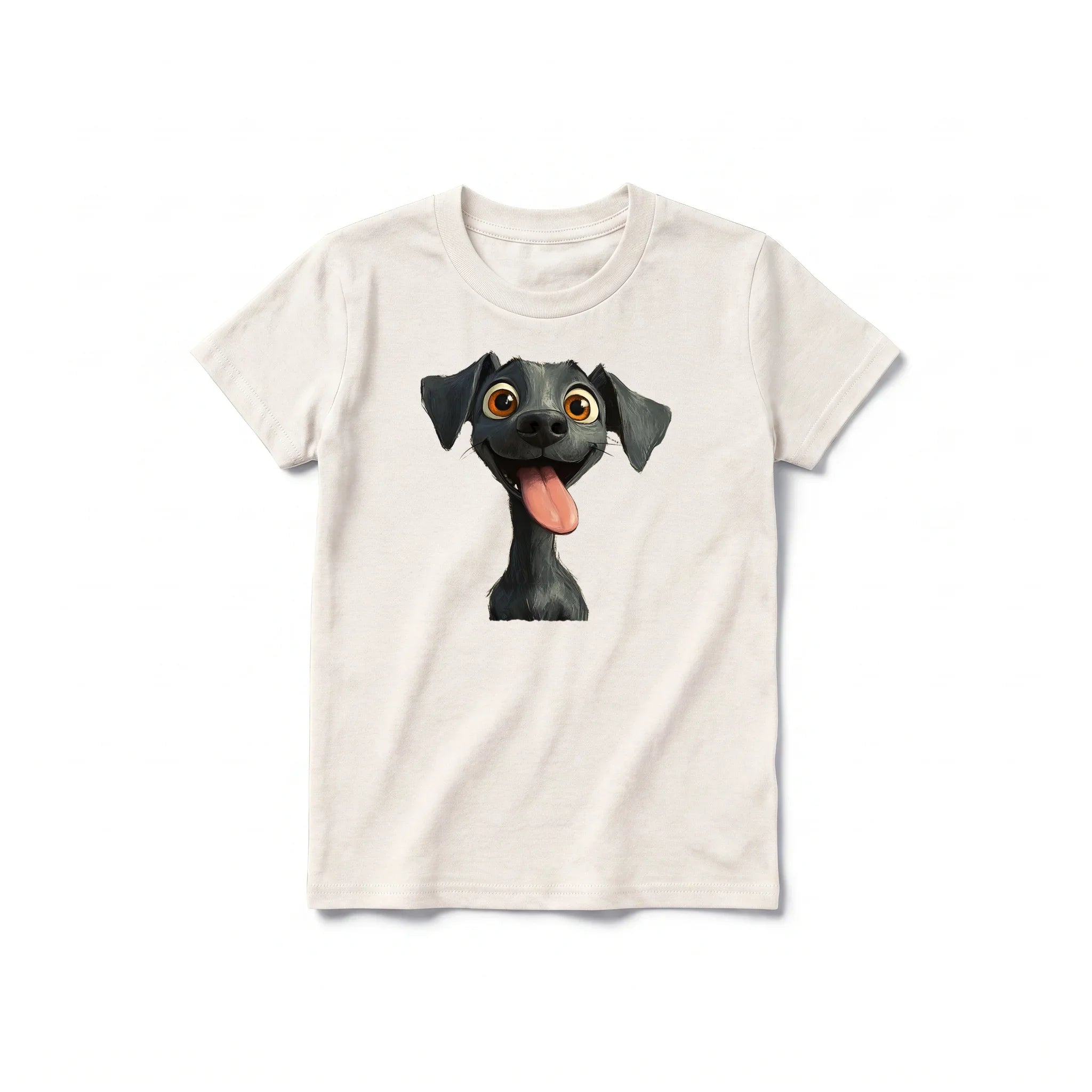 A vintage-white short-sleeve crewneck t-shirt for youth featuring a graphic of a dog on the front.