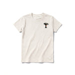 A vintage-white short-sleeve crewneck t-shirt for youth featuring a graphic of a dog on the left chest.