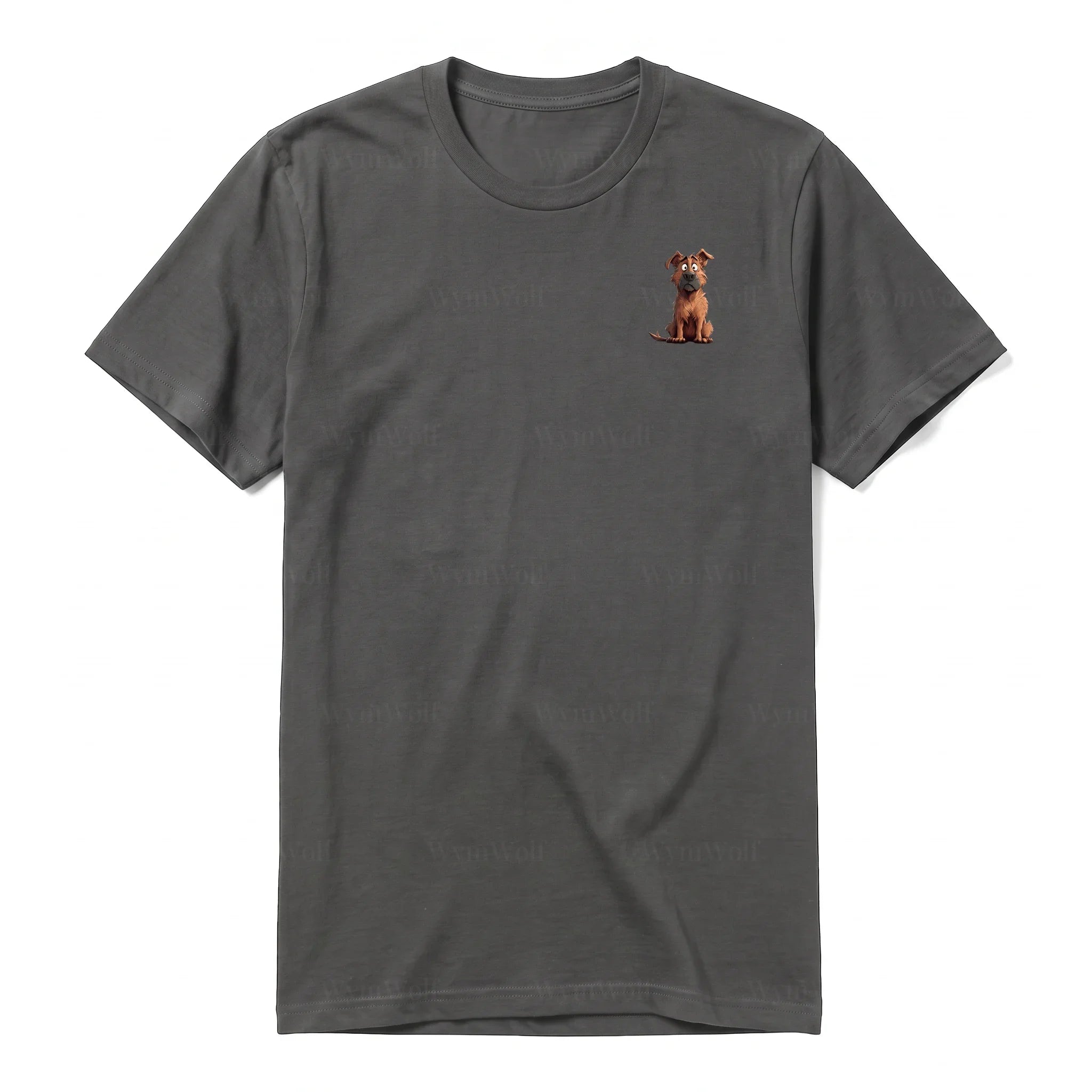 A charcoal short-sleeve crewneck t-shirt for adult featuring a graphic of a dog on the left chest.