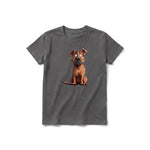 A charcoal short-sleeve crewneck t-shirt for youth featuring a graphic of a dog on the front.