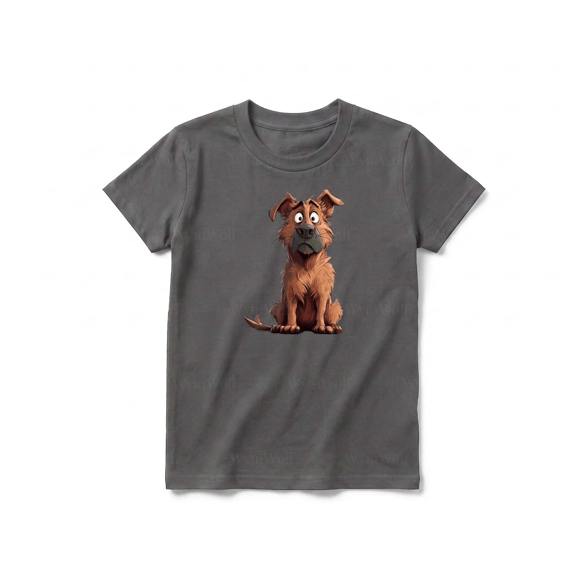 A charcoal short-sleeve crewneck t-shirt for youth featuring a graphic of a dog on the front.