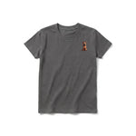 A charcoal short-sleeve crewneck t-shirt for youth featuring a graphic of a dog on the left chest.
