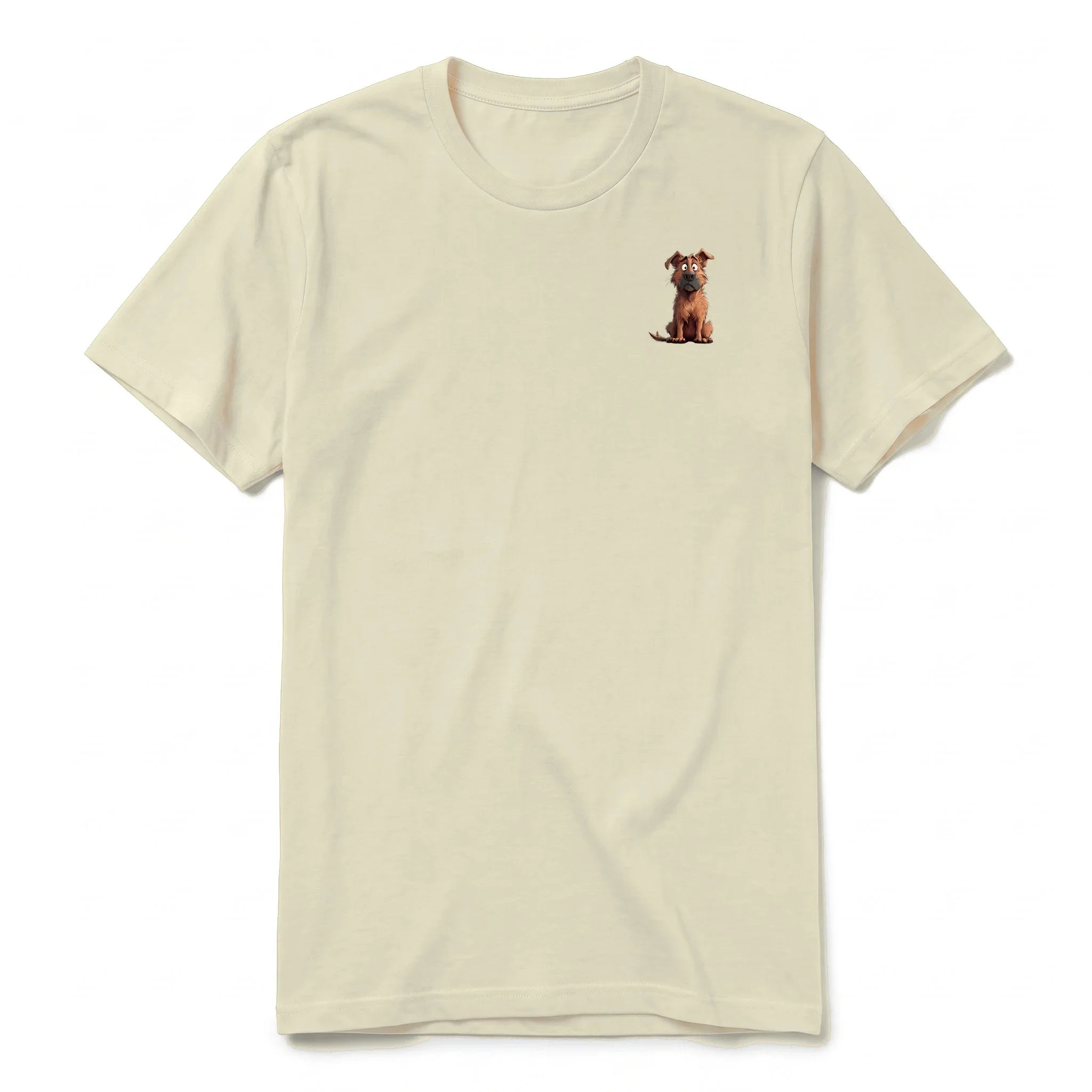 A latte short-sleeve crewneck t-shirt for adult featuring a graphic of a dog on the left chest.
