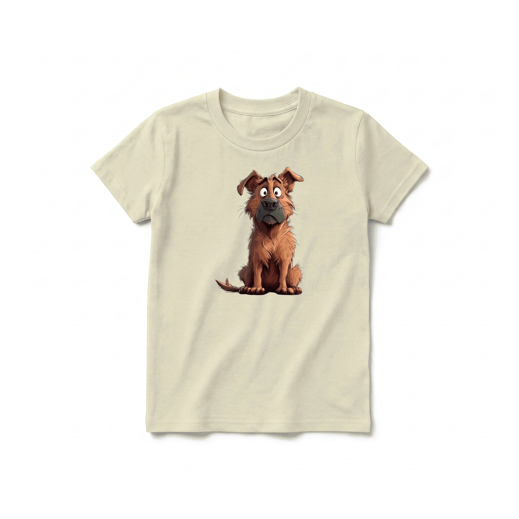 A latte short-sleeve crewneck t-shirt for youth featuring a graphic of a dog on the front.