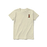A latte short-sleeve crewneck t-shirt for youth featuring a graphic of a dog on the left chest.