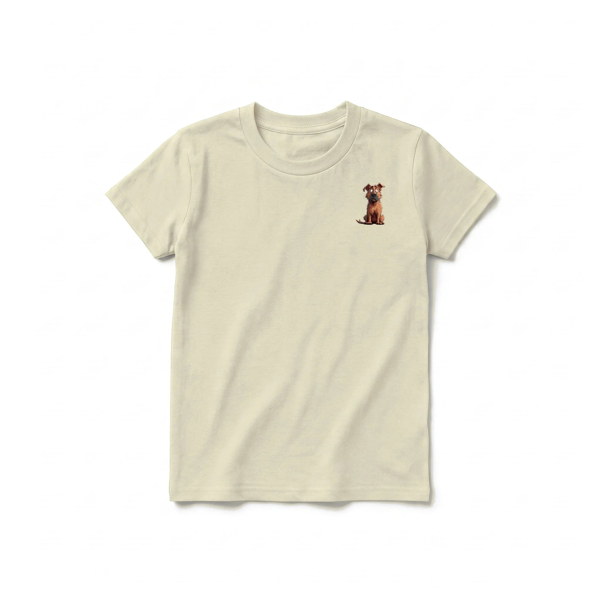A latte short-sleeve crewneck t-shirt for youth featuring a graphic of a dog on the left chest.