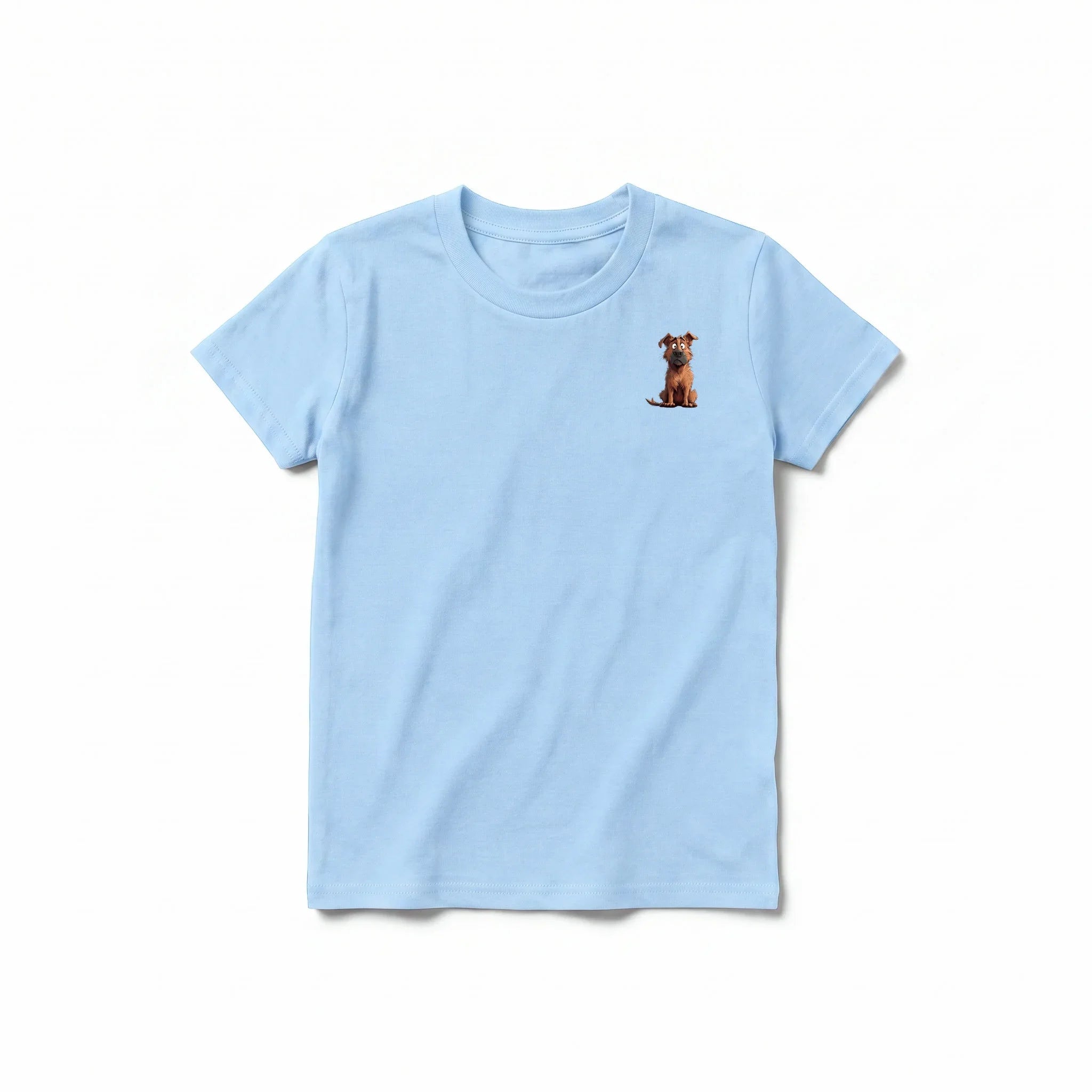 A powder short-sleeve crewneck t-shirt for youth featuring a graphic of a dog on the left chest.