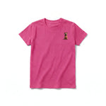 A raspberry short-sleeve crewneck t-shirt for youth featuring a graphic of a dog on the left chest.