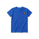 A royal short-sleeve crewneck t-shirt for youth featuring a graphic of a dog on the left chest.