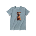 A sage short-sleeve crewneck t-shirt for youth featuring a graphic of a dog on the front.